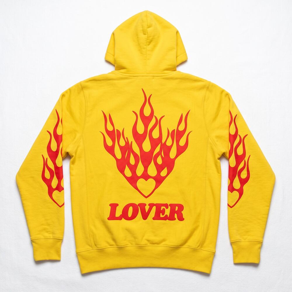 Bianca Chandon Lover Yellow Hoodie Sweatshirt Red Flames 100% Cotton Size Small